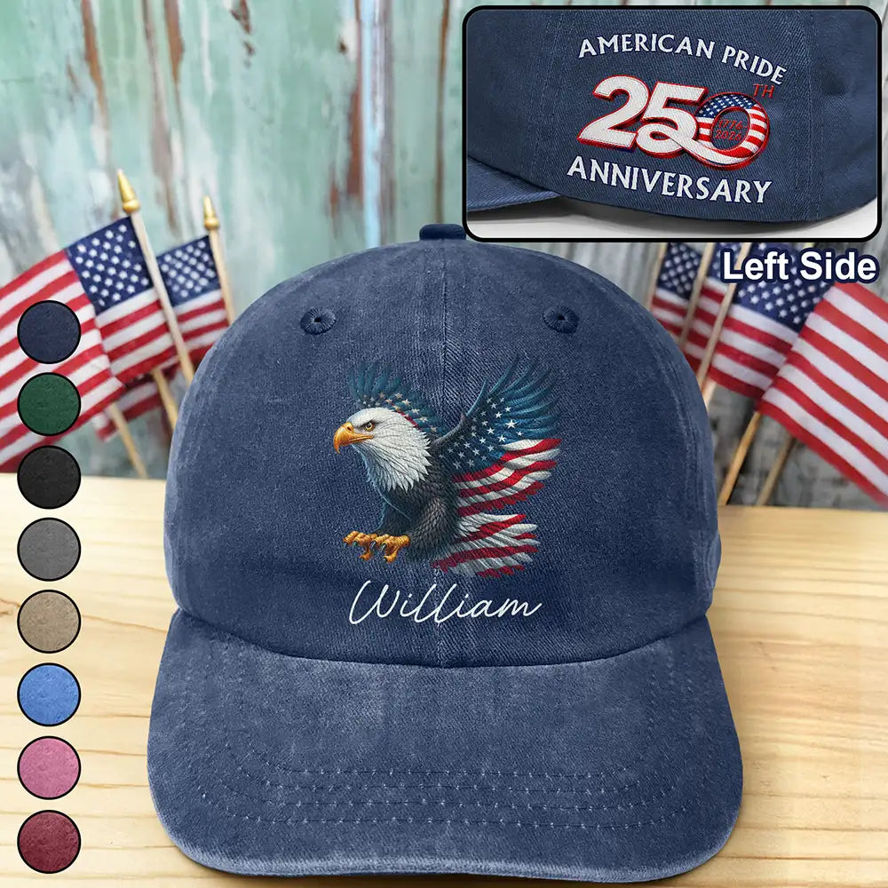 America 250th Anniversary US Pride Patriotic Eagle - Personalized Vintage Washed Denim Cap