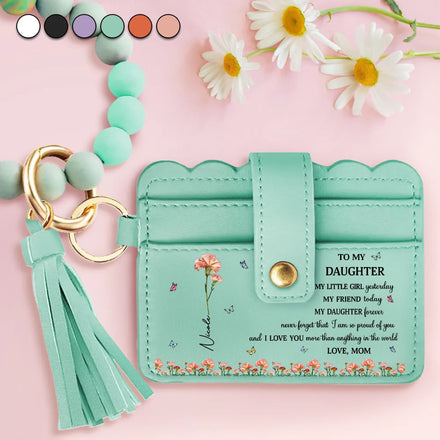 Faux Pressed Birth Flower My Daughter Forever - Personalized Keychain Wristlet Leather Wallet