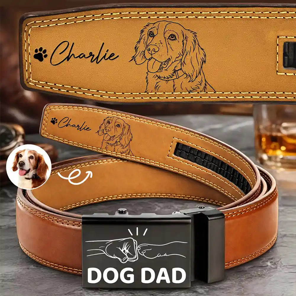 Pet Lovers,Pet Mom,Pet Dad,Dog Lovers,Dog Mom,Dog Dad,Cat Lovers,Cat Mom,Cat Dad,Non-Eng,Photo - Pencil Sketch,Adorable - Custom Photo Pencil Sketch Dog Dad Cat Dad - Personalized Leather Belt With Engraved Buckle