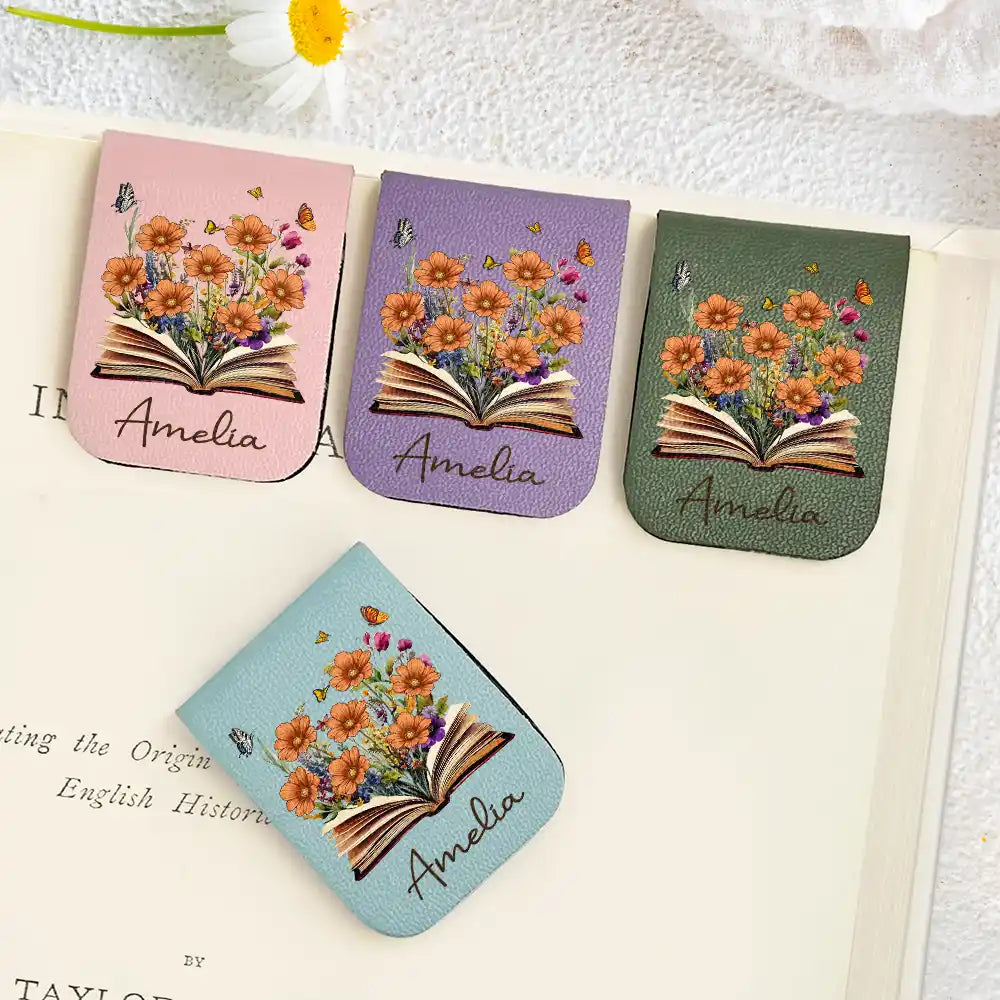 Reading, Gift For Yourself, Gift For Women, Happy - Flowers Growing From Book, Birth Month Flowers - Personalized Leather Magnetic Bookmark