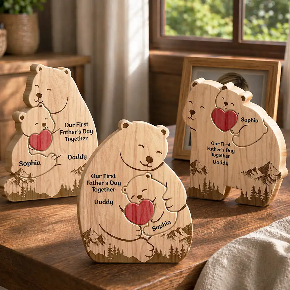 Gift For Mother,Gift For Father,Love - Hugging Mama Papa Bear & Baby Cub - Personalized Custom Shaped Wooden Puzzle