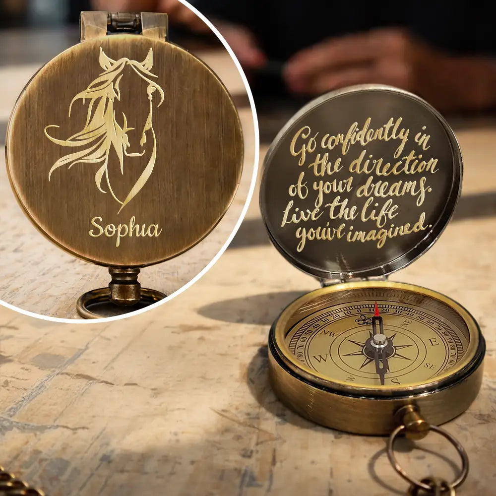 Gift For Yourself, Gift For Women, Gift For Men, Happy - Go Confidently In The Direction Of Your Dreams Horse - Personalized Engraved Brass Compass