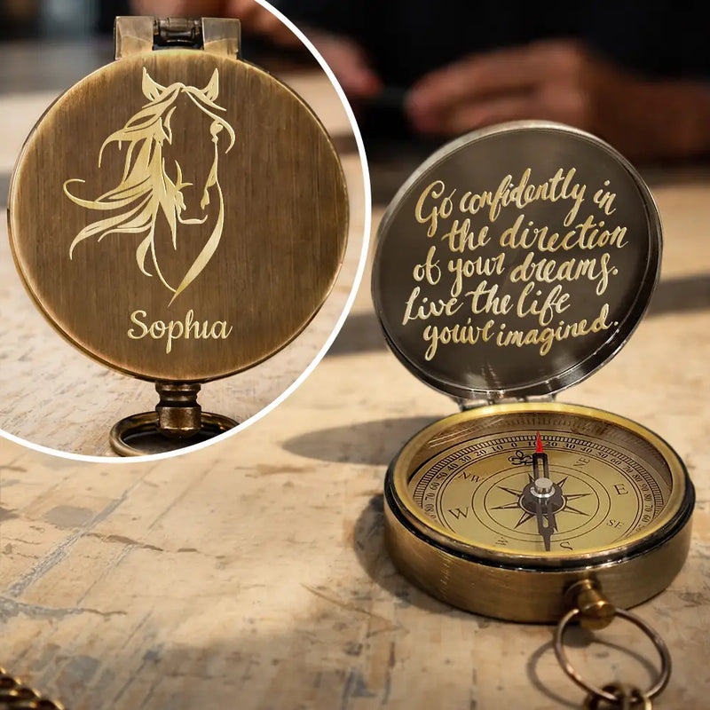 Gift For Yourself, Gift For Women, Gift For Men, Happy - Go Confidently In The Direction Of Your Dreams Horse - Personalized Engraved Brass Compass