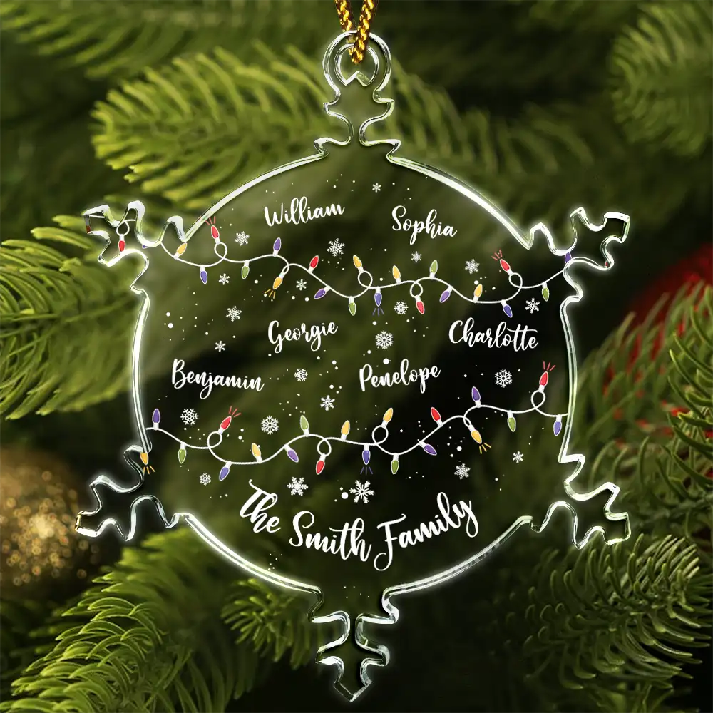 Family, Christmas, Funny - Christmas Family Together With Names And Led Lights - Personalized Snowflakes Shaped Glass Ornament