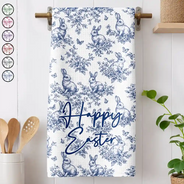 Easter,Gift For Wife,Parents,Gift For Grandma,Gift For Grandparents,Gift For Mother,Family - Happy Easter Toile Rabbit - Personalized Kitchen Towel