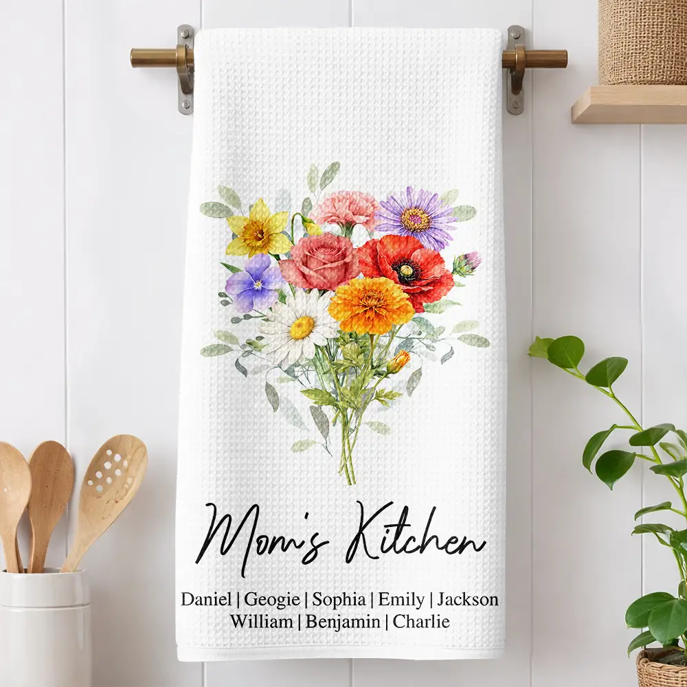 Gift For Wife, Gift For Mother, Gift For Grandma, Happy - Mom Mum Grandma Kitchen Watercolor Birth Flower - Personalized Kitchen Towel