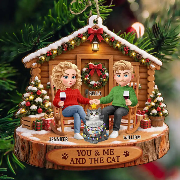 Christmas, Gift For Couples, Pet Couple, Pet Lovers, Romantic, Vector - Christmas Gift For Pet Couples - Personalized You & Me And The Cat Wooden Ornament