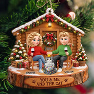 Christmas, Gift For Couples, Pet Couple, Pet Lovers, Romantic, Vector - Christmas Gift For Pet Couples - Personalized You & Me And The Cat Wooden Ornament