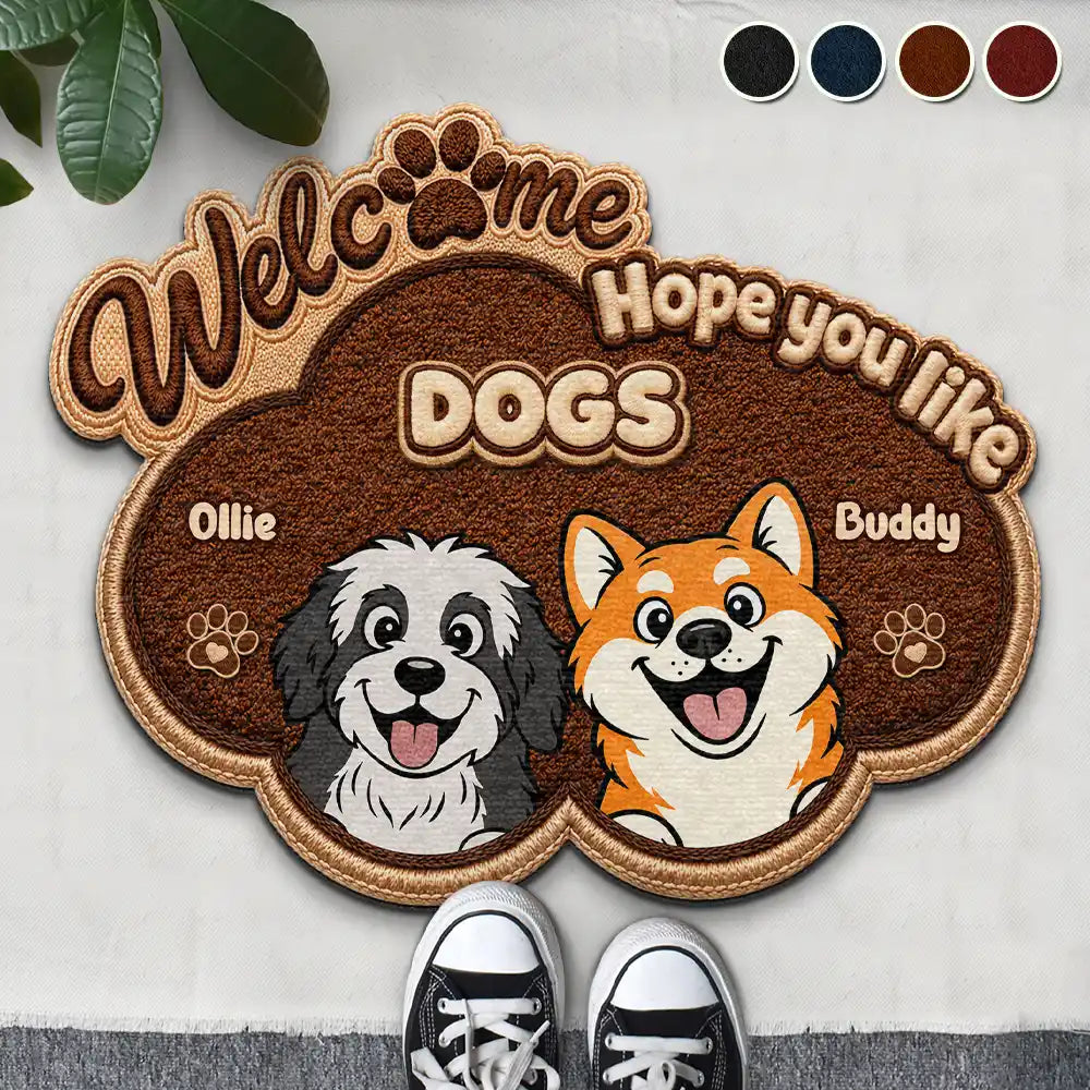 Vector, Pet Lovers,Pet Mom,Pet Dad,Pet Couple,Dog Lovers,Dog Mom,Dog Dad,Dog Couple,Cat Lovers,Cat Mom,Cat Dad,Cat Couple,Family,Happy,Top Market, Top Market -  Faux Embroidery Effect Welcome Hope You Like Dog Cat - Personalized Custom Shaped Doormat