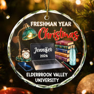Christmas, Custom Text, Happy, Top Market - Christmas Keepsake Gift For College Student - Personalized Freshman Sophomore Year Circle Glass Ornament