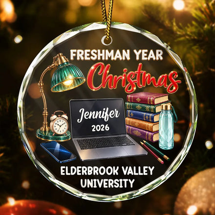 Christmas Keepsake Gift For College Student - Personalized Freshman Sophomore Year Circle Glass Ornament