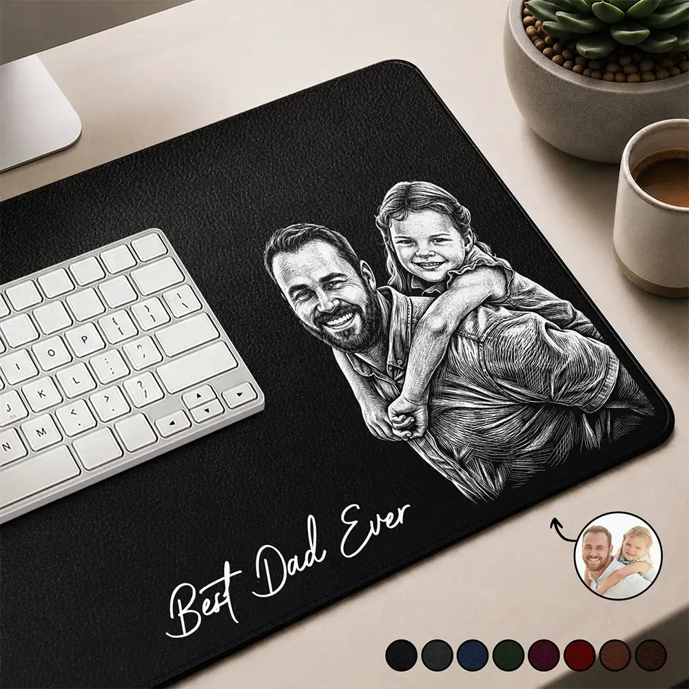 Gift For Husband,Gift For Men,Gift For Grandpa,Gift For Father,Dad - Sons,Dad - Children,New Dad,Grandpa - Grandkids,Photo - Pencil Sketch (Dark BG),Sentimental - Custom Photo White Pencil Sketch Art Best Dad Papa Ever We Love You - Personalized Leather Desk Mat