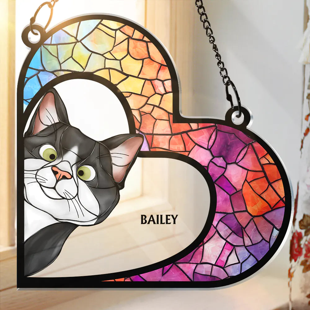 Cat Lovers,Cat Mom,Happy - Funny Cat Heart Shape Stained Glass Effect - Personalized Window Hanging Suncatcher Ornament