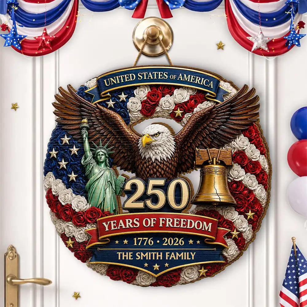 Family,Happy,America 250th,Independence Day,Top Market - 3D Effect Stars Stripes & Flowers 250 Years Of Freedom - Personalized Custom Shaped Wood Sign