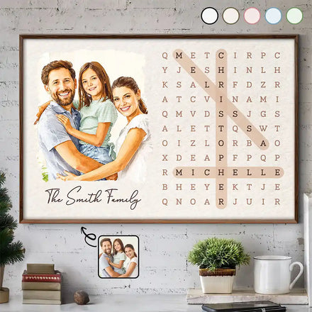 Custom Photo Watercolor Painting Word Search Puzzle Family - Personalized Poster