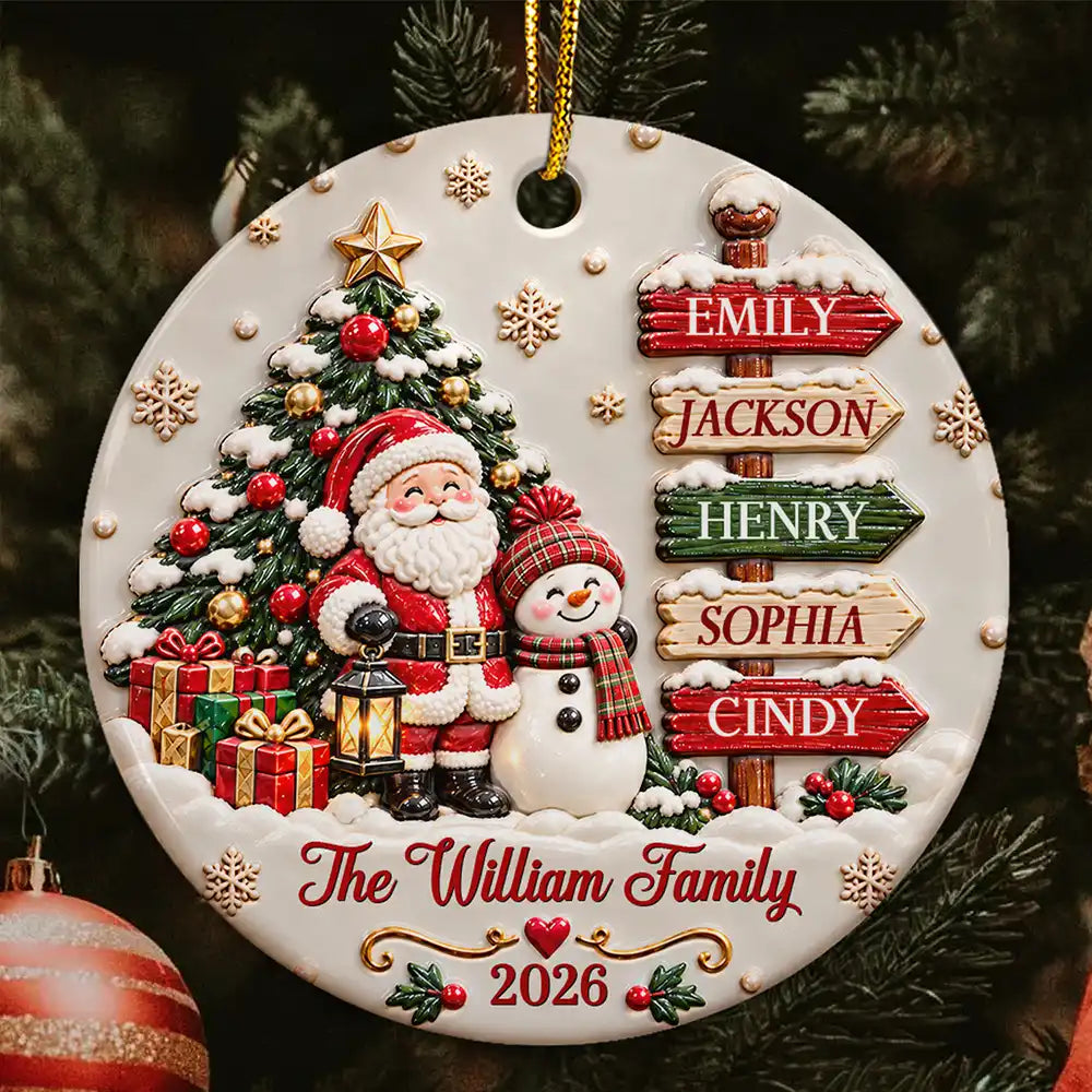 Christmas,Family,Happy,Icon - Christmas Gift For Family - Personalized Family Name Santa And Snowman 3D Embossed Circle Ceramic Ornament