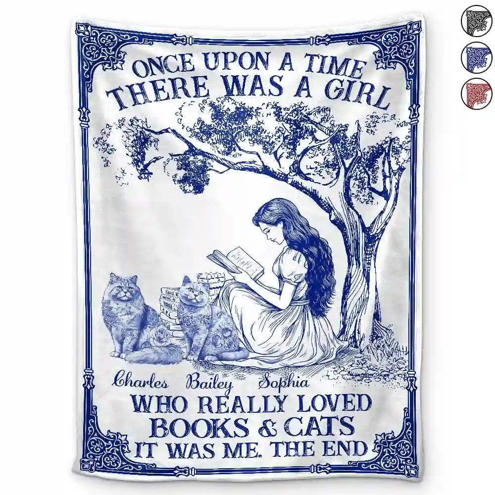Reading,Dog Lovers,Dog Mom,Cat Lovers,Cat Mom,Gift For Yourself - Once Upon A Time There Was A Girl Loved Books & Dogs Cats - Personalized Fleece Blanket, Sherpa Blanket