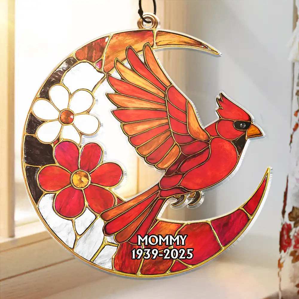 Memorial Cardinal Bird Garden Pollinator Stained Glass Effect Moon - Personalized Window Hanging Suncatcher Ornament