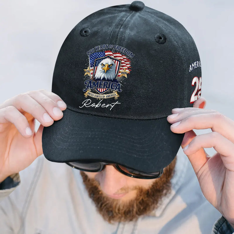 Independence Day,America 250th,Gift For Men,Icon,Proud - America 250th Anniversary US Pride Patriotic Eagle - Personalized Vintage Washed Denim Cap