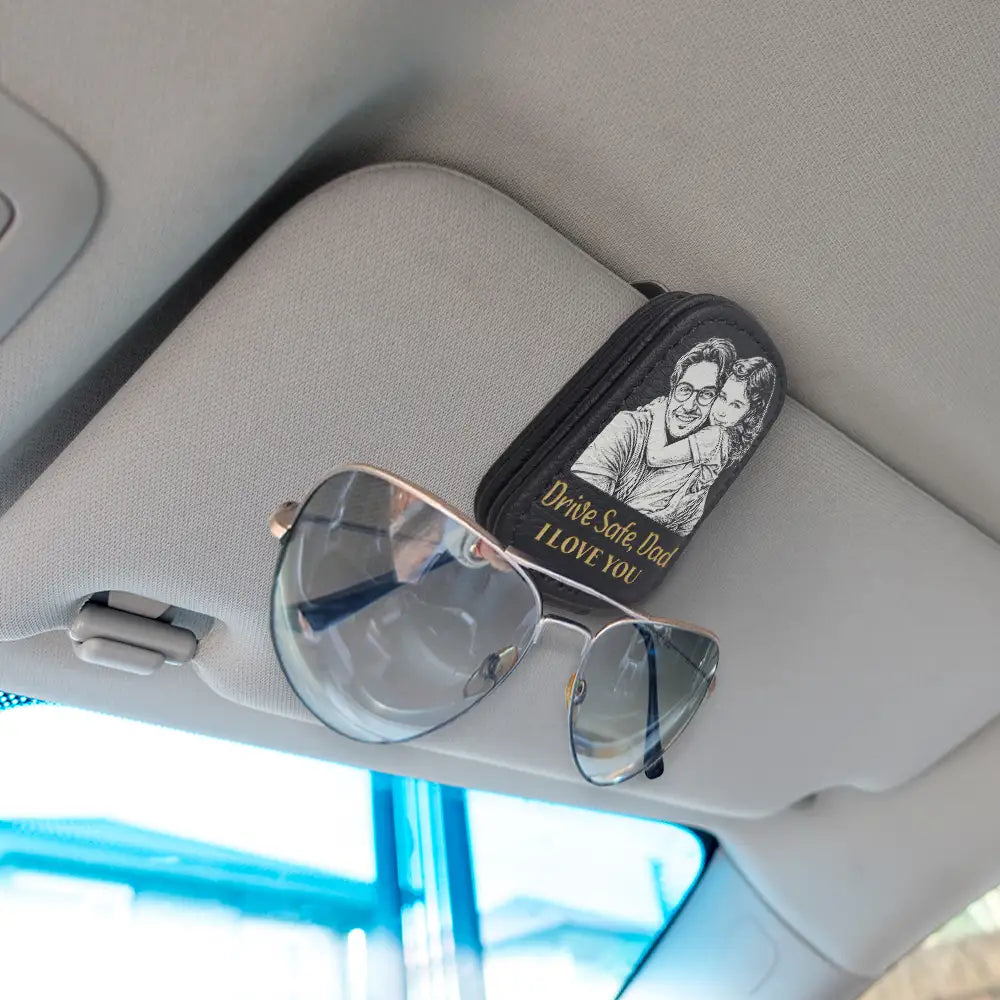 Gift For Father,Gift For Grandpa,Non-Eng,Photo - Pencil Sketch (Bold),Proud - Custom Photo Bold Sketch Drive Safe Daddy Grandpa We Love You Family Portrait - Personalized Sunglasses Holder For Car Visor