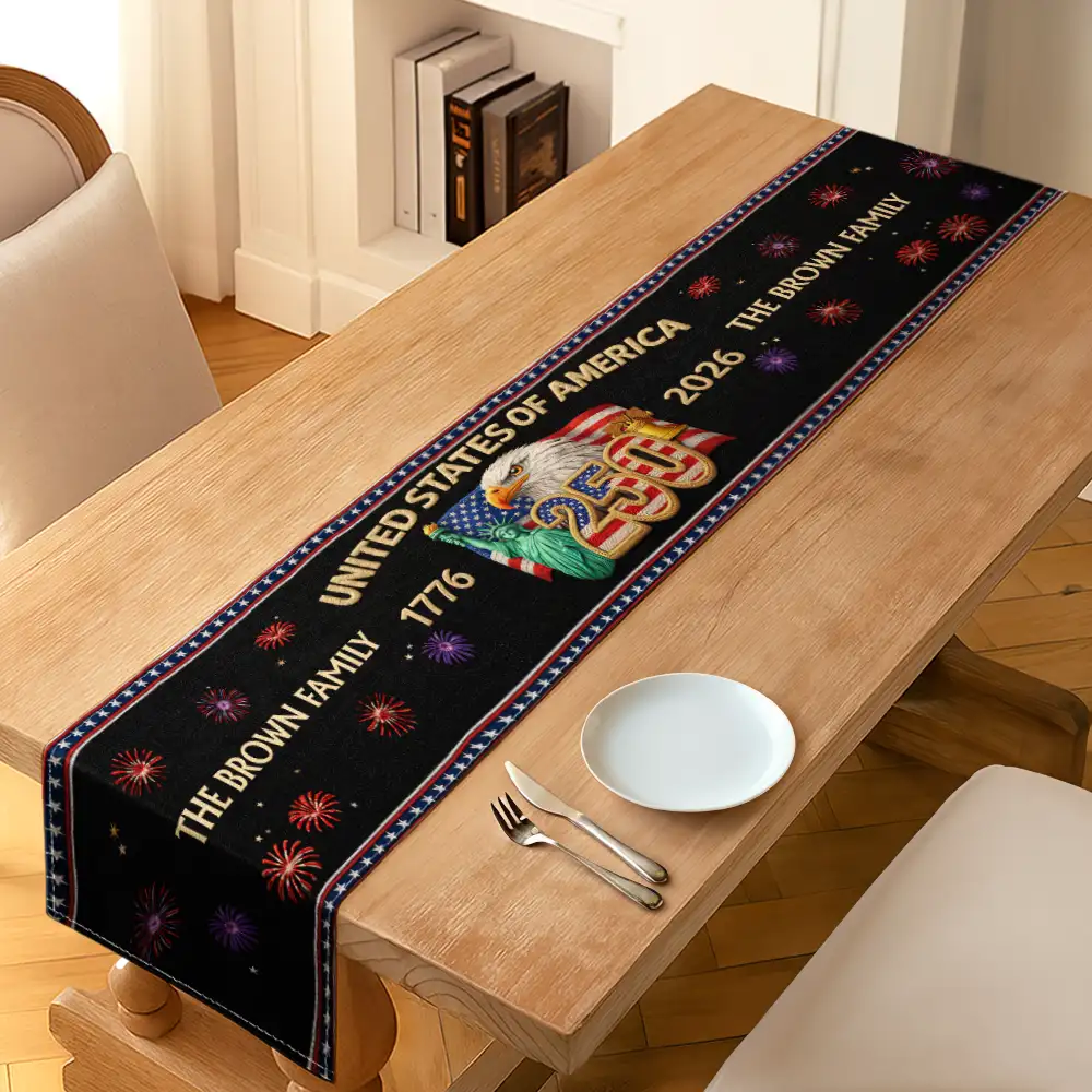 Independence Day,America 250th,Family,Proud - Faux Embroidery Effect America 250th Anniversary Family Name - Personalized Table Runner