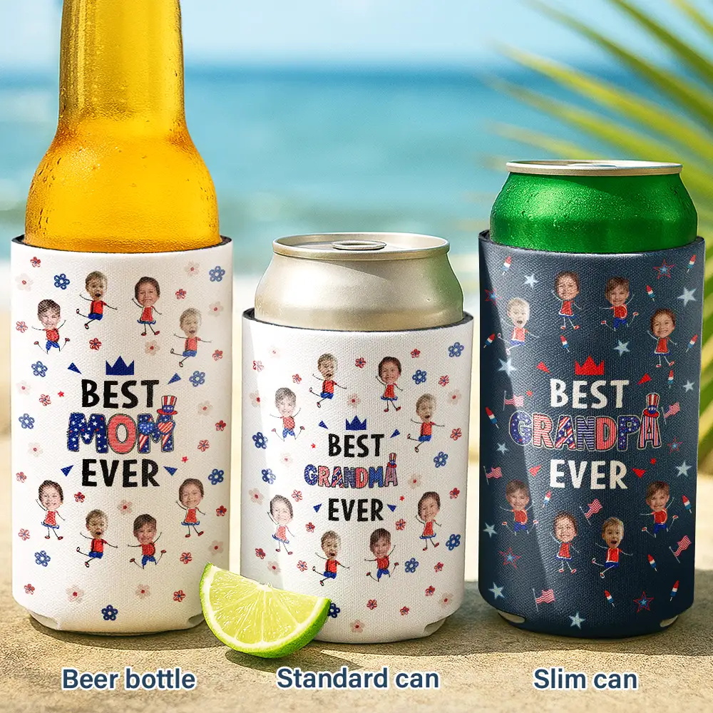 Gift For Mother,Gift For Grandma,Happy,Gift For Father,Gift For Grandpa,Independence Day,Photo,Icon,Humorous - Custom Photo Stars & Stripes Best Dad Mom Grandpa Grandma Ever - Personalized Can Cooler Sleeve