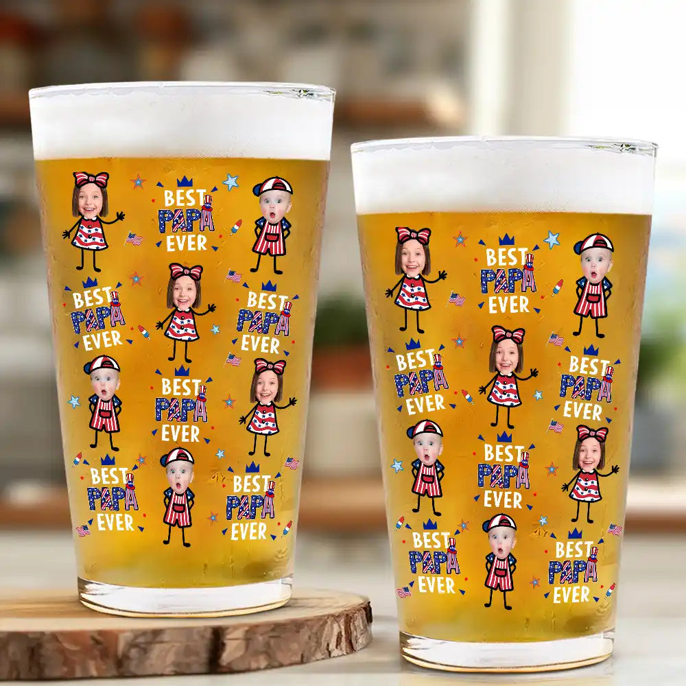 Gift For Father,Custom Photo,Independence Day,Top Market,Proud,Upload Photo - Custom Photo Stars & Stripes Best Dad Grandpa Ever - Personalized Beer Glass