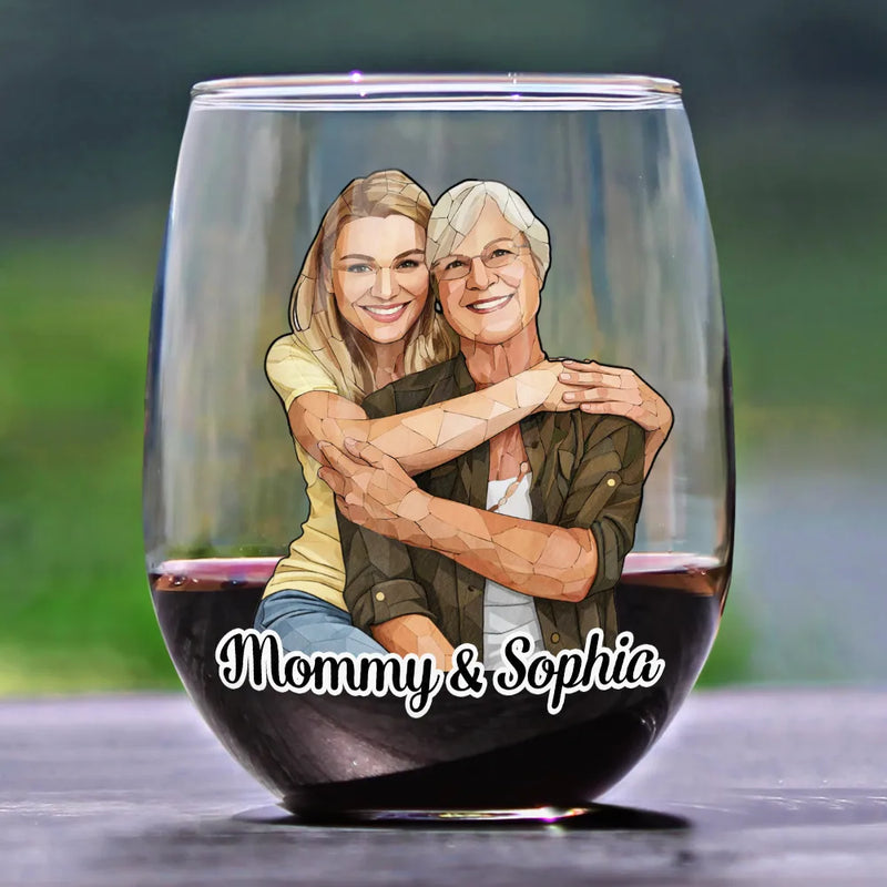 Gift For Wife,Gift For Mother,Gift For Grandma,Gift For Grandparents,Family,Love - Custom Photo Stained Glass Portrait Mom Grandma Parents Family - Personalized Stemless Wine Glass
