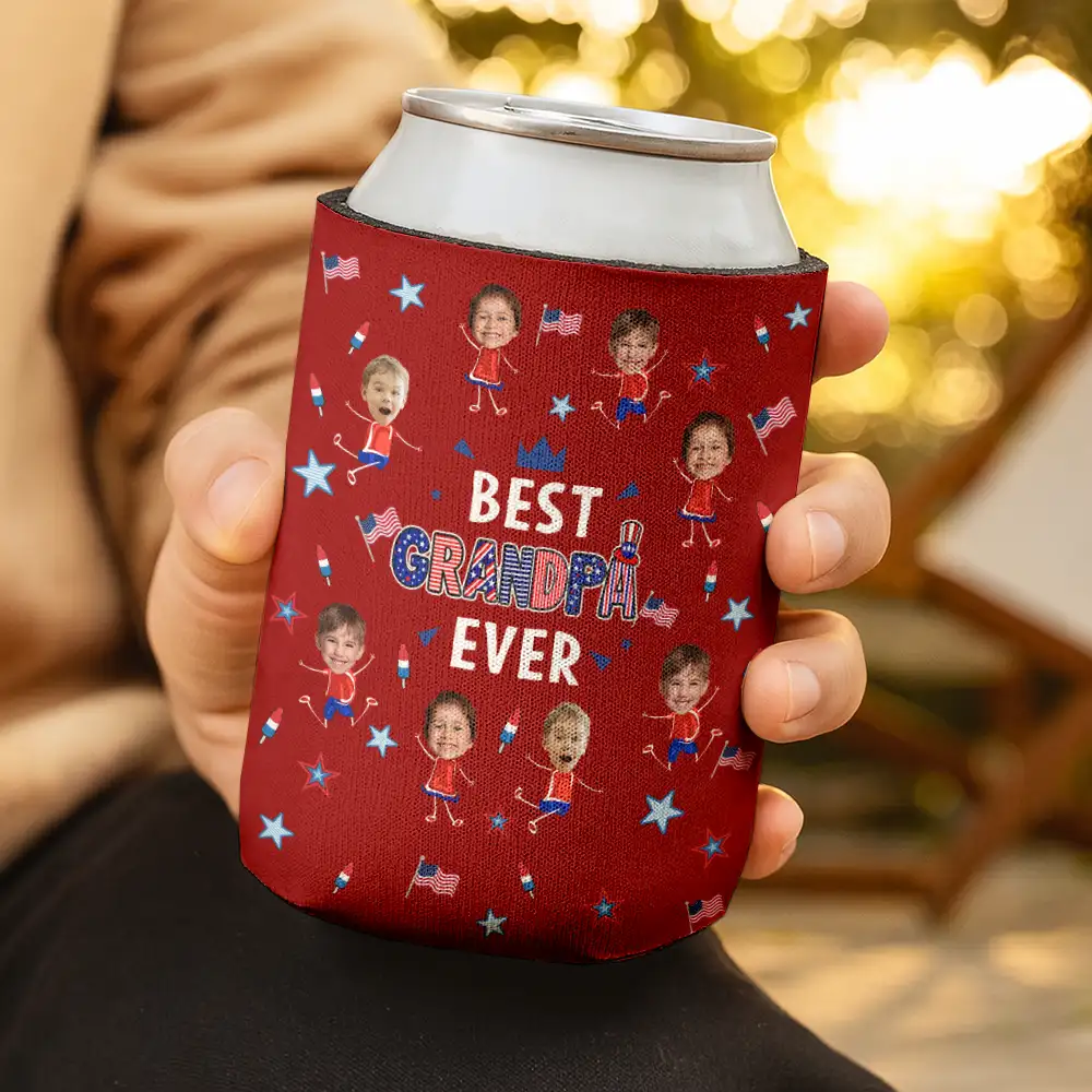 Gift For Mother,Gift For Grandma,Happy,Gift For Father,Gift For Grandpa,Independence Day,Photo,Icon,Humorous - Custom Photo Stars & Stripes Best Dad Mom Grandpa Grandma Ever - Personalized Can Cooler Sleeve