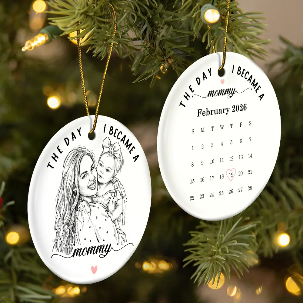 Art Design,Christmas,Custom Photo,First Christmas,Gift For Mother,Gifts For Her,Happy,New Baby,New Mom,Photo - Pencil Sketch - Remove BG - Christmas Gift For New Mom - Personalized Custom Photo Pencil Sketch Calendar The Day I Became A Mama Circle Ceramic Ornament
