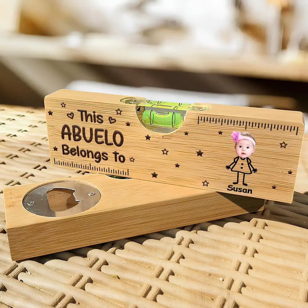 Gift For Father,Gift For Grandpa,Happy,Non-Eng,Photo,Icon,Humorous - Custom Photo This Grandpa Grandma Belongs To Kids Pet - Personalized Bottle Opener Wood Level