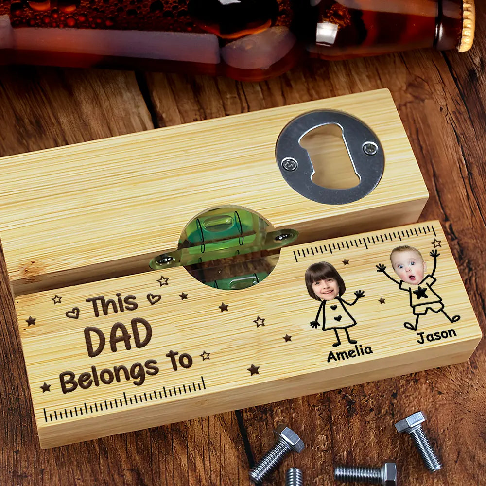 Gift For Father,Gift For Grandpa,Happy,Non-Eng,Photo,Icon,Humorous - Custom Photo This Grandpa Grandma Belongs To Kids Pet - Personalized Bottle Opener Wood Level