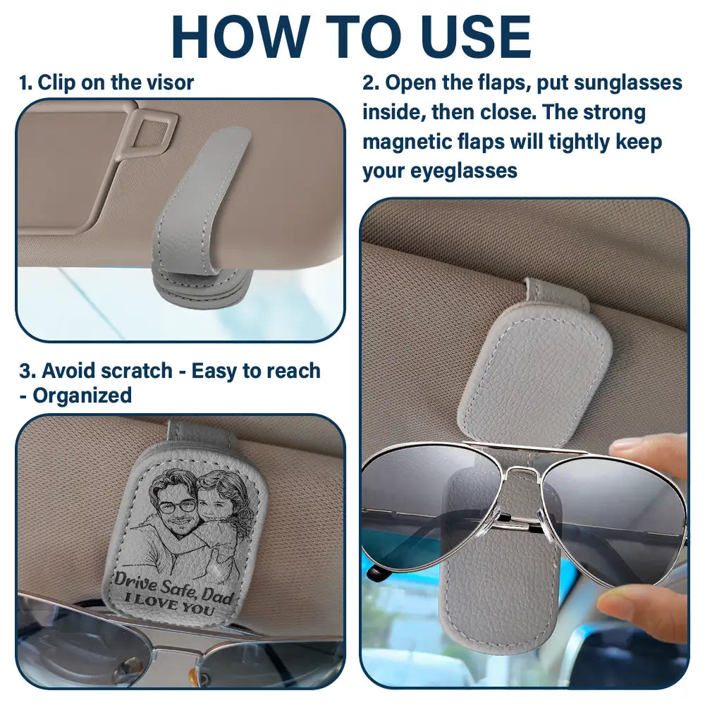 Gift For Father,Gift For Grandpa,Non-Eng,Photo - Pencil Sketch (Bold),Proud - Custom Photo Bold Sketch Drive Safe Daddy Grandpa We Love You Family Portrait - Personalized Sunglasses Holder For Car Visor