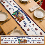Independence Day,America 250th,Family,Proud - Faux Embroidery Effect America 250th Anniversary Family Name - Personalized Table Runner
