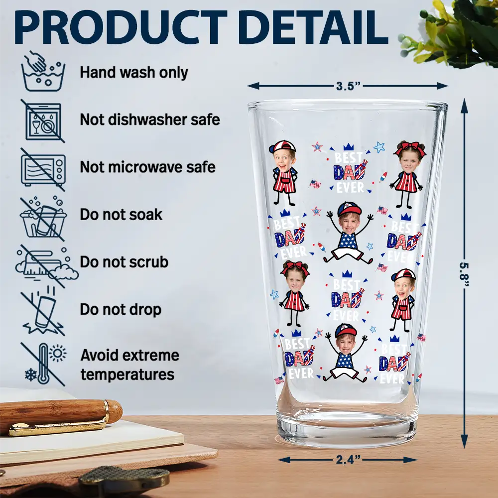 Gift For Father,Custom Photo,Independence Day,Top Market,Proud,Upload Photo - Custom Photo Stars & Stripes Best Dad Grandpa Ever - Personalized Beer Glass