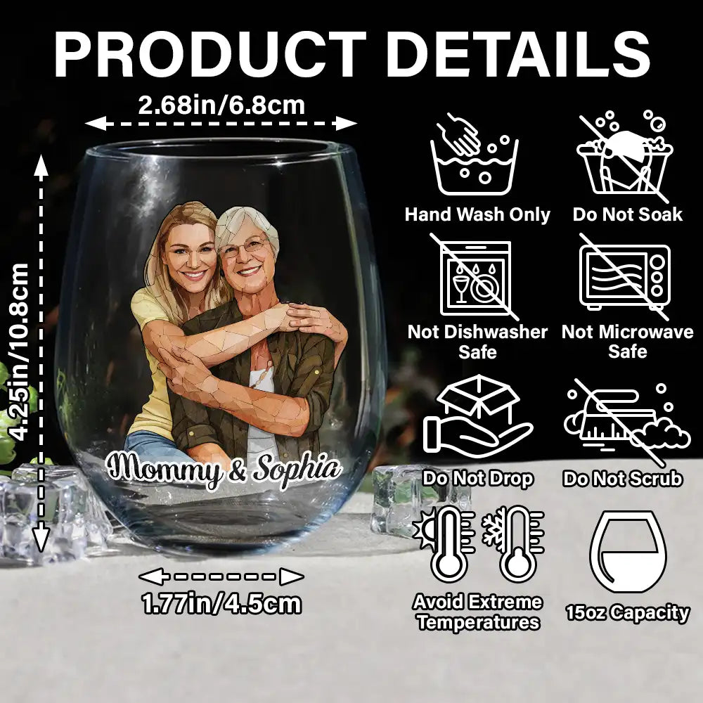 Gift For Wife,Gift For Mother,Gift For Grandma,Gift For Grandparents,Family,Love - Custom Photo Stained Glass Portrait Mom Grandma Parents Family - Personalized Stemless Wine Glass
