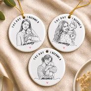 Art Design,Christmas,Custom Photo,First Christmas,Gift For Mother,Gifts For Her,Happy,New Baby,New Mom,Photo - Pencil Sketch - Remove BG - Christmas Gift For New Mom - Personalized Custom Photo Pencil Sketch Calendar The Day I Became A Mama Circle Ceramic Ornament