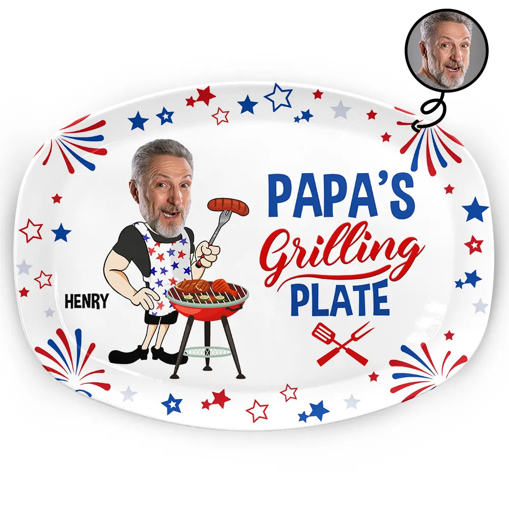 Custom Photo,Gift For Grandpa,Gift For Father,Photo,Proud - Custom Photo Papa's Grilling Plate Stars & Strips - Personalized Plate