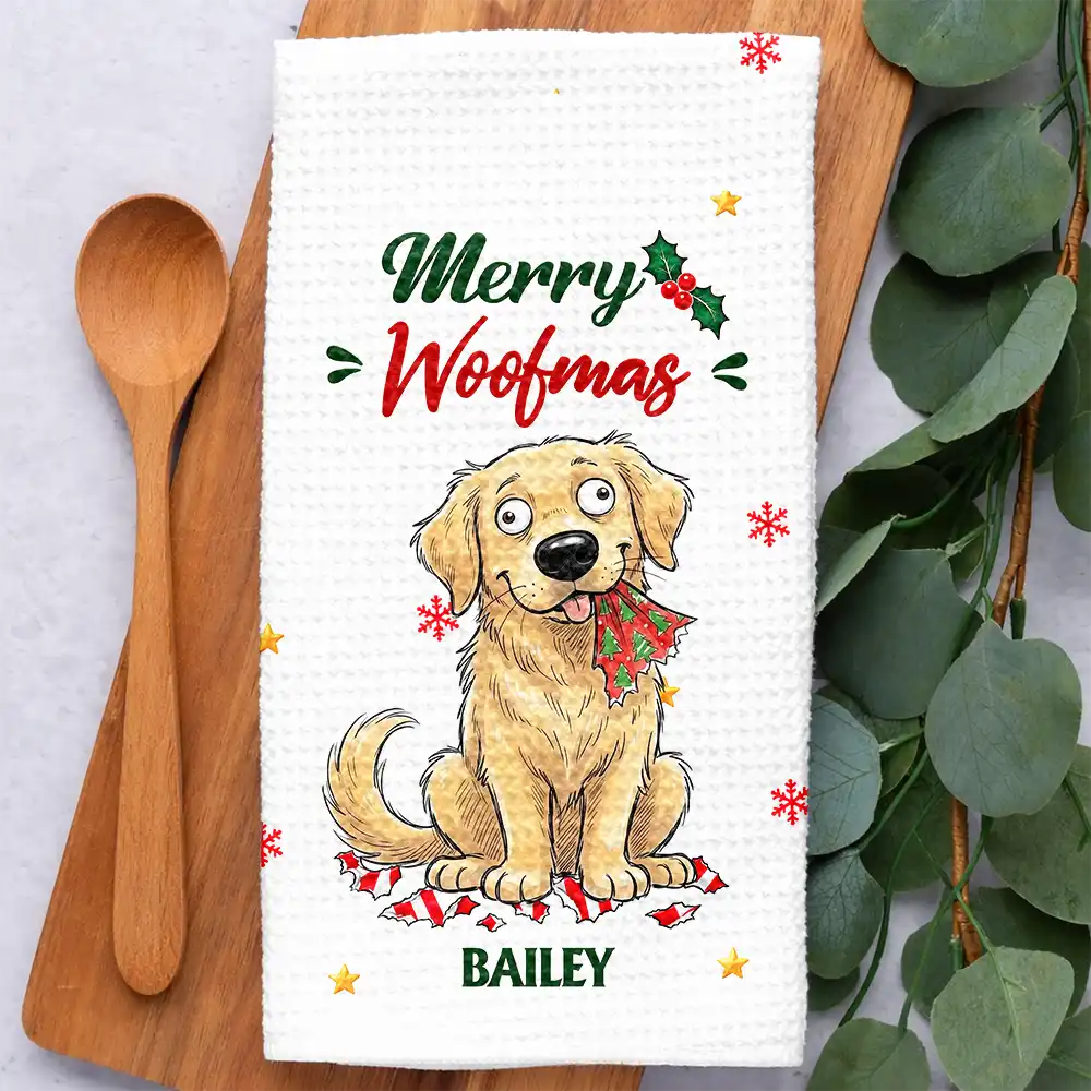 Art Design, Christmas, Custom Photo, Dog Lovers, Humorous, Indoor Decor, Pet Lovers, Photo - Whimsical Cartoon Pet - Funny Christmas Gift For Dog Lovers - Personalized Custom Photo Dear Santa Define Naughty Kitchen Towel