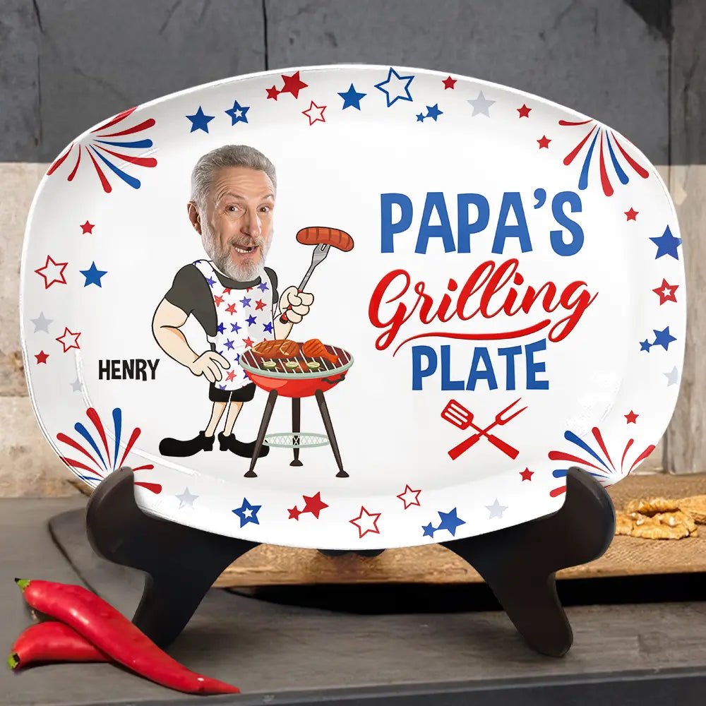 Custom Photo,Gift For Grandpa,Gift For Father,Photo,Proud - Custom Photo Papa's Grilling Plate Stars & Strips - Personalized Plate
