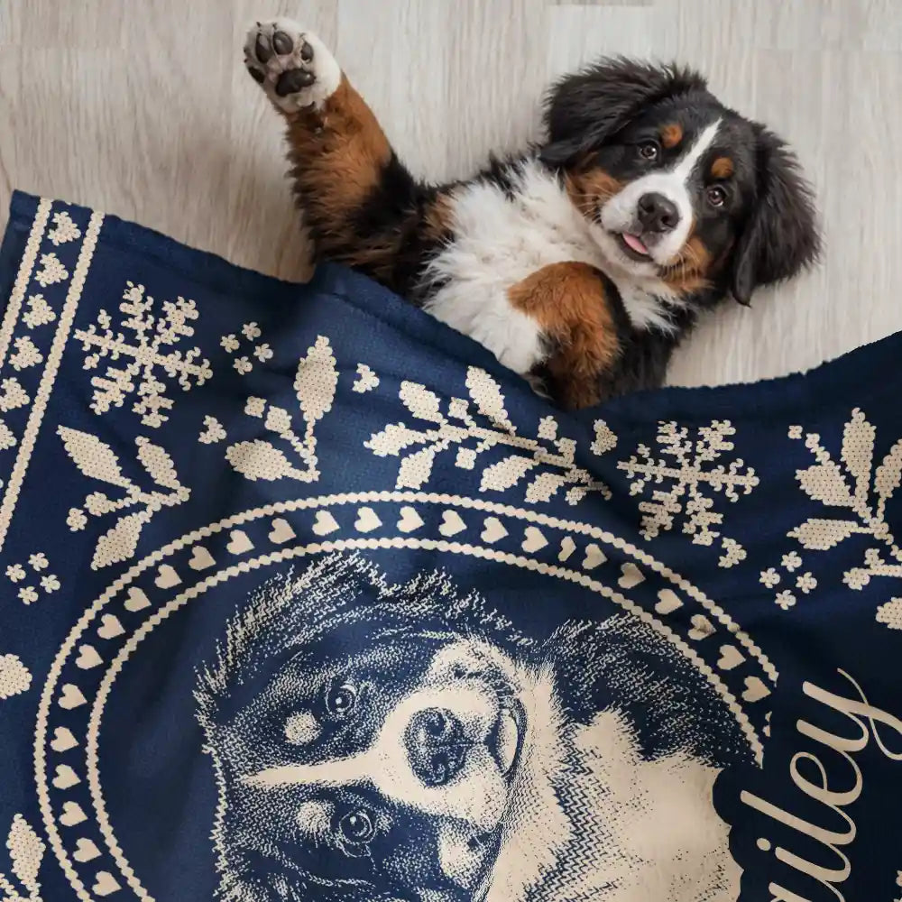 Art Design, Christmas, Pet Lovers, Photo -  Knit-Style Line Art, Happy - Custom Photo Christmas Lovely Dog Pet Portrait - Personalized Fleece Blanket, Sherpa Blanket