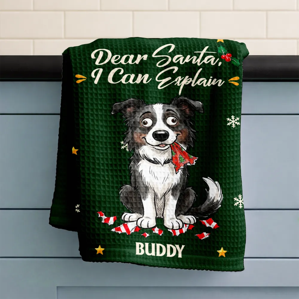Art Design, Christmas, Custom Photo, Dog Lovers, Humorous, Indoor Decor, Pet Lovers, Photo - Whimsical Cartoon Pet - Funny Christmas Gift For Dog Lovers - Personalized Custom Photo Dear Santa Define Naughty Kitchen Towel