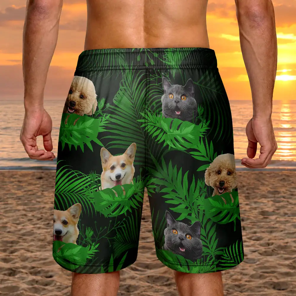 Custom Photo Funny Family Pet Face Tropical Leaf - Funny Gift For Pet Lovers, Dog Mom, Cat Mom, Dog Dad, Cat Dad - Personalized Unisex Beach Shorts