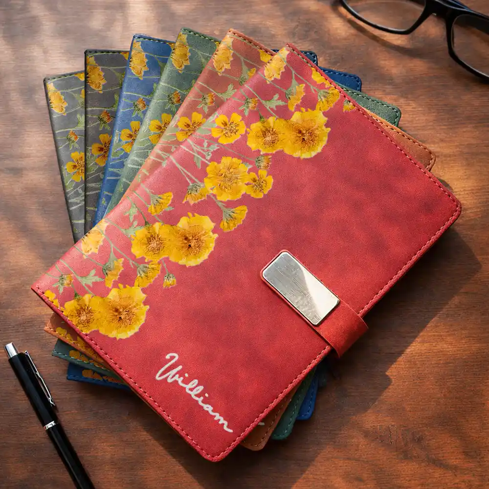 Custom Name Faux Pressed Birth Flower - Personalized Leather Notebook Set