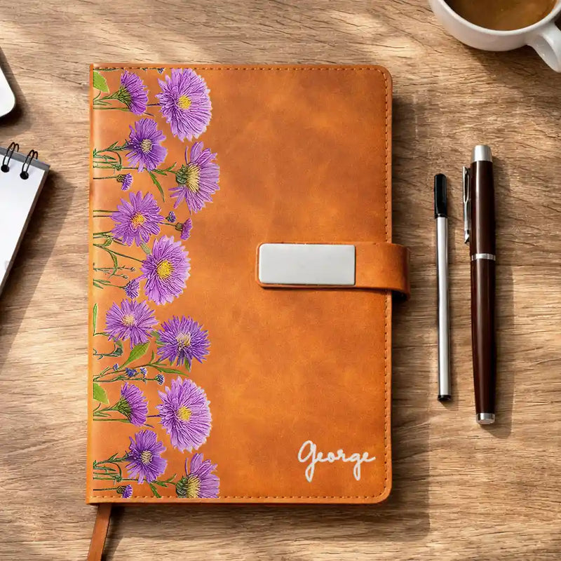 Custom Name Faux Pressed Birth Flower - Personalized Leather Notebook Set