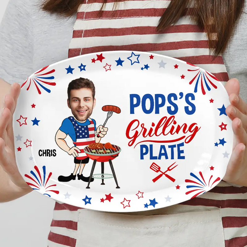 Custom Photo,Gift For Grandpa,Gift For Father,Photo,Proud - Custom Photo Papa's Grilling Plate Stars & Strips - Personalized Plate
