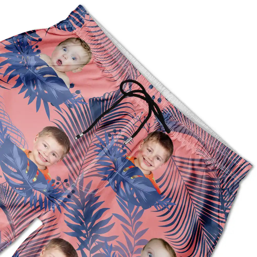 Custom Photo Funny Family Pet Face Tropical Leaf - Funny Gift For Pet Lovers, Dog Mom, Cat Mom, Dog Dad, Cat Dad - Personalized Unisex Beach Shorts