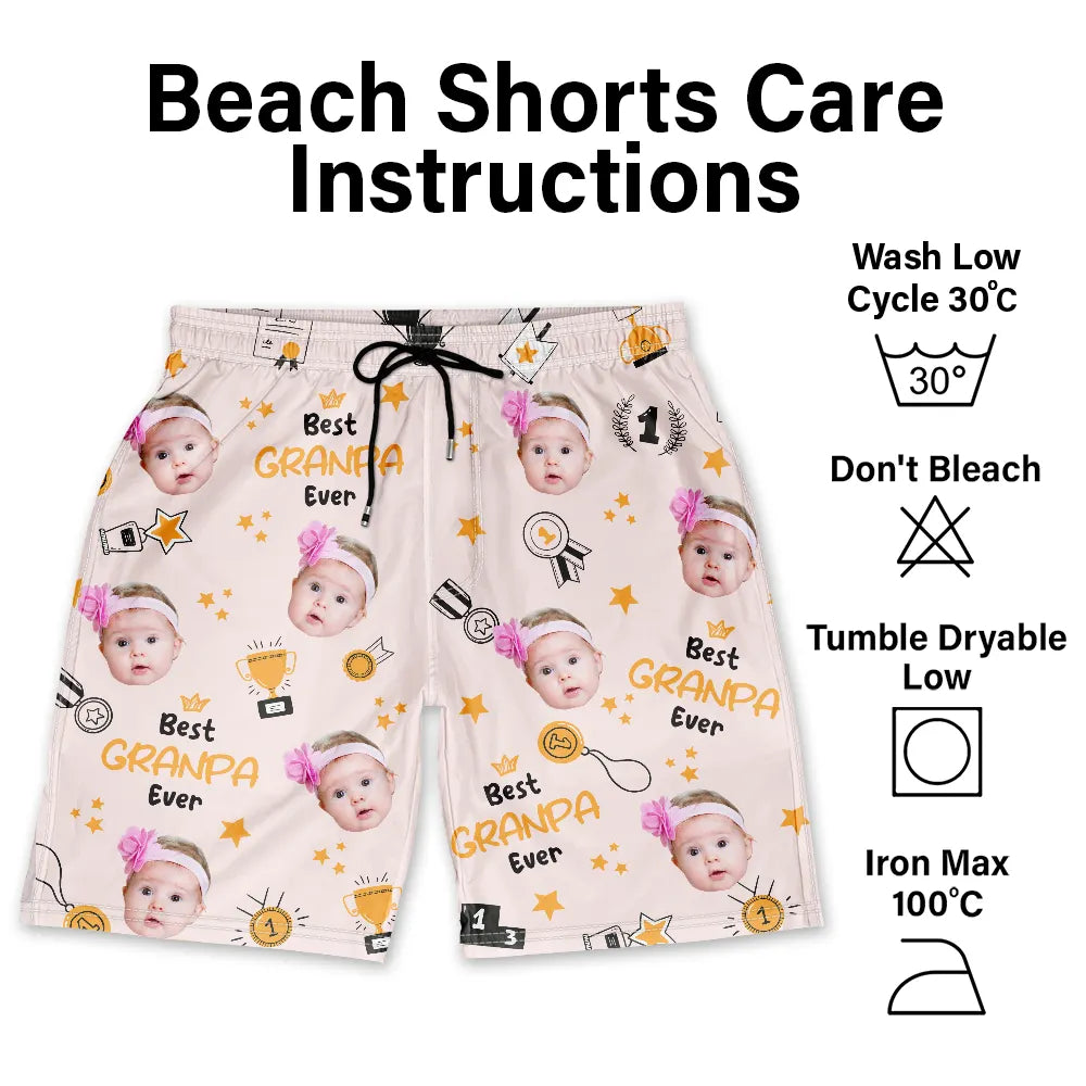 Custom Photo Best Papa Ever Trophy Dad - Personalized Unisex Beach Shorts