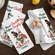 Art Design, Christmas, Custom Photo, Dog Lovers, Humorous, Indoor Decor, Pet Lovers, Photo - Whimsical Cartoon Pet - Funny Christmas Gift For Dog Lovers - Personalized Custom Photo Dear Santa Define Naughty Kitchen Towel