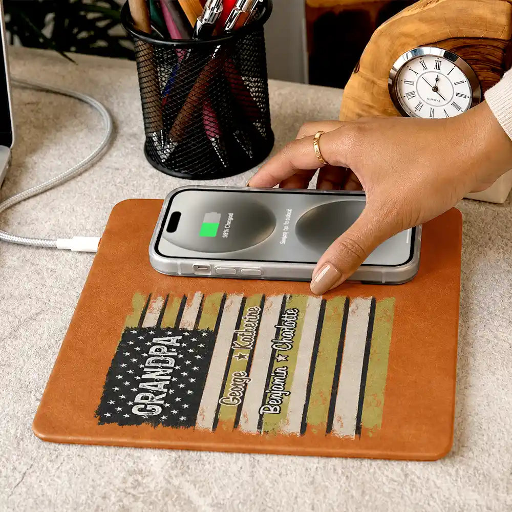 Gift For Father,Gift For Grandpa,Independence Day,Custom Text,Confident - Stars & Stripes US Flag American Dad Grandpa - Personalized Leather Charging Mat